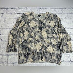 Talbots Floral Cardigan in Gray and Cream. Silk/Cotton Blend. Size Large.